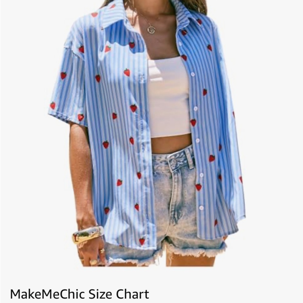 Blue Striped strawberry Print Shirt/swim cover up